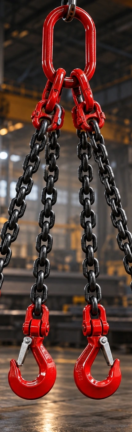 Eslinga de cadena de cuatro ramales en un entorno industrial